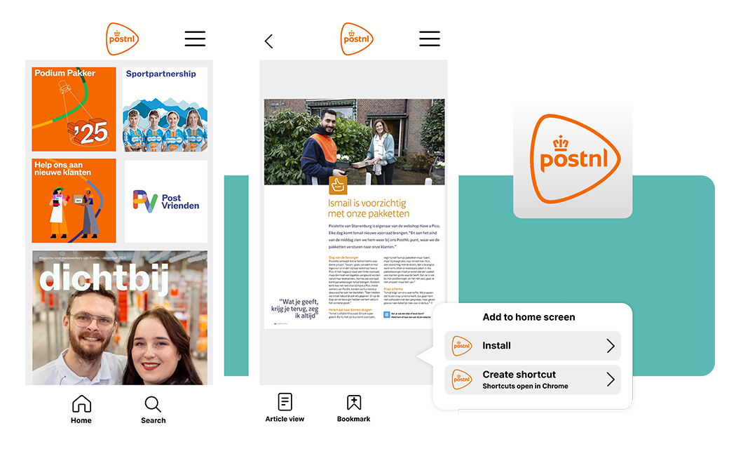 PostNL's staff magazine dichtbij on TouchTree, with the add-to-home-screen prompt