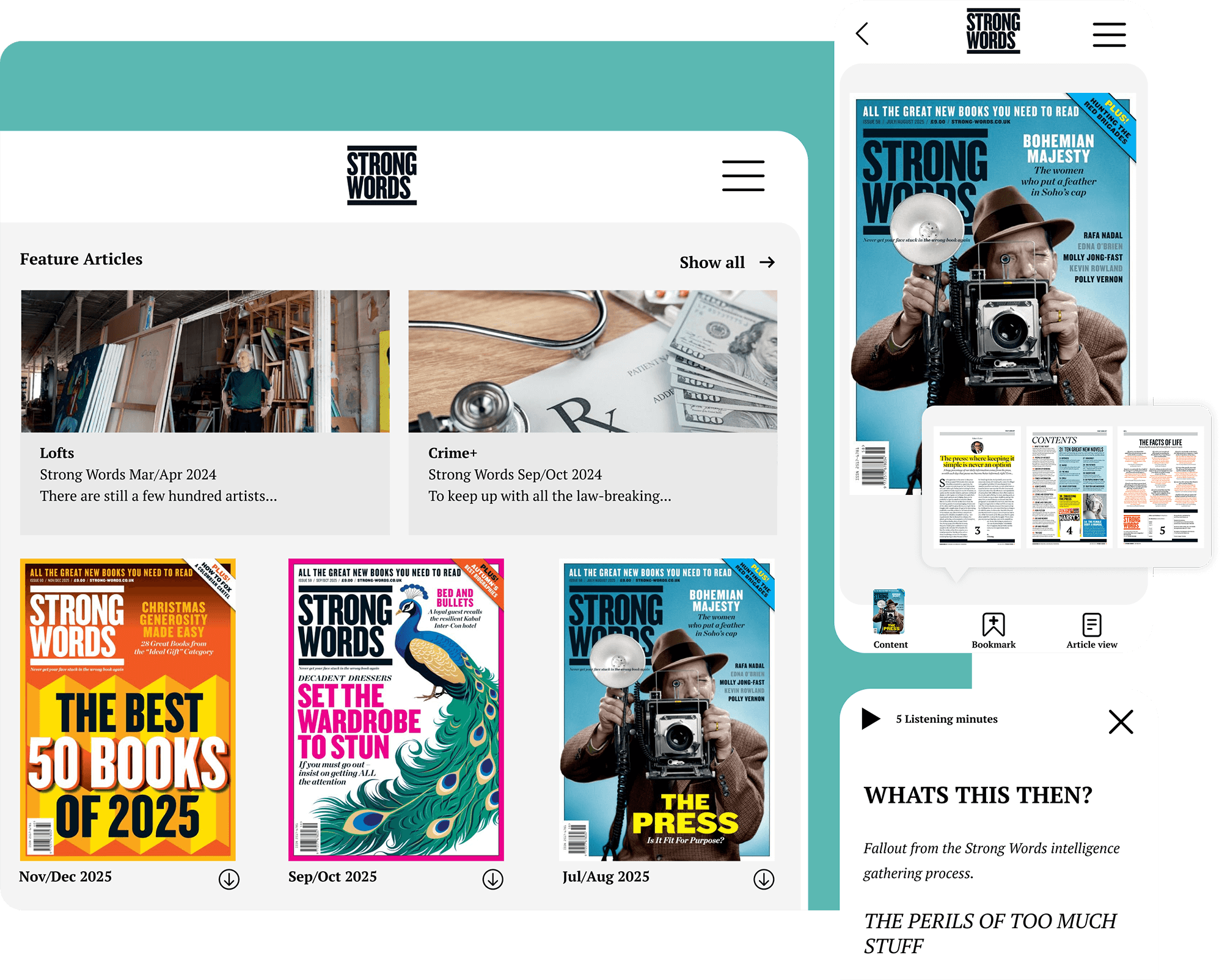 Strong Words on TouchTree: feature articles, back issues and a listen-to-article player