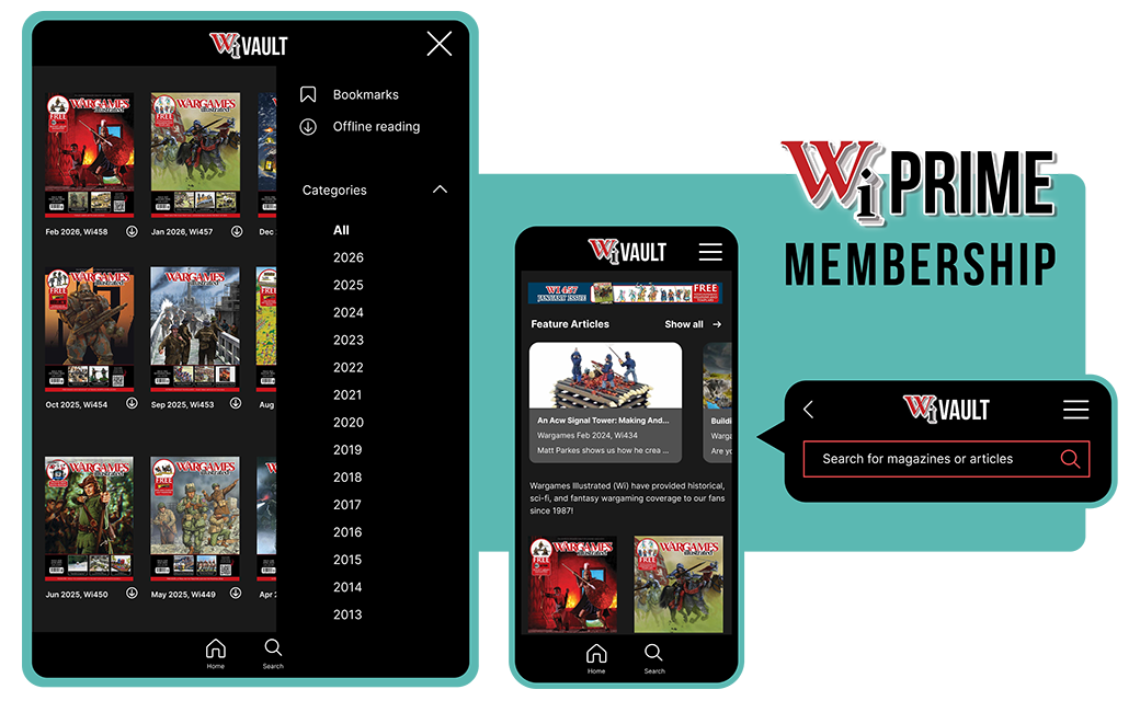 Wargames Illustrated's WI Vault on TouchTree: back issues filtered by year, with search across every issue